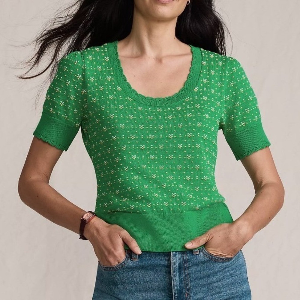 Lands End Fine Gauge Cotton Jacquard Scoop Neck Sweater Green Floral Knit Top XS